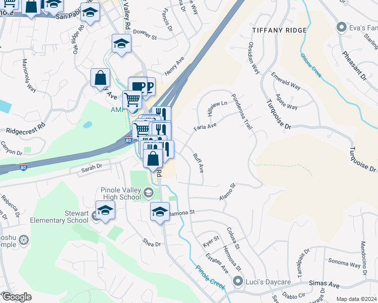 map of restaurants, bars, coffee shops, grocery stores, and more near 2816 Ruff Avenue in Pinole