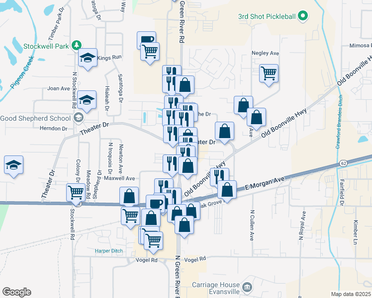 map of restaurants, bars, coffee shops, grocery stores, and more near 2001 North Green River Road in Evansville