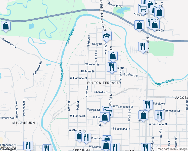 map of restaurants, bars, coffee shops, grocery stores, and more near 1806 North 6th Avenue in Evansville