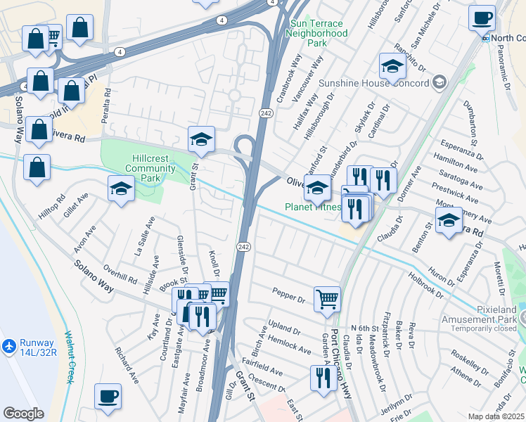 map of restaurants, bars, coffee shops, grocery stores, and more near 3100 Ponderosa Drive in Concord