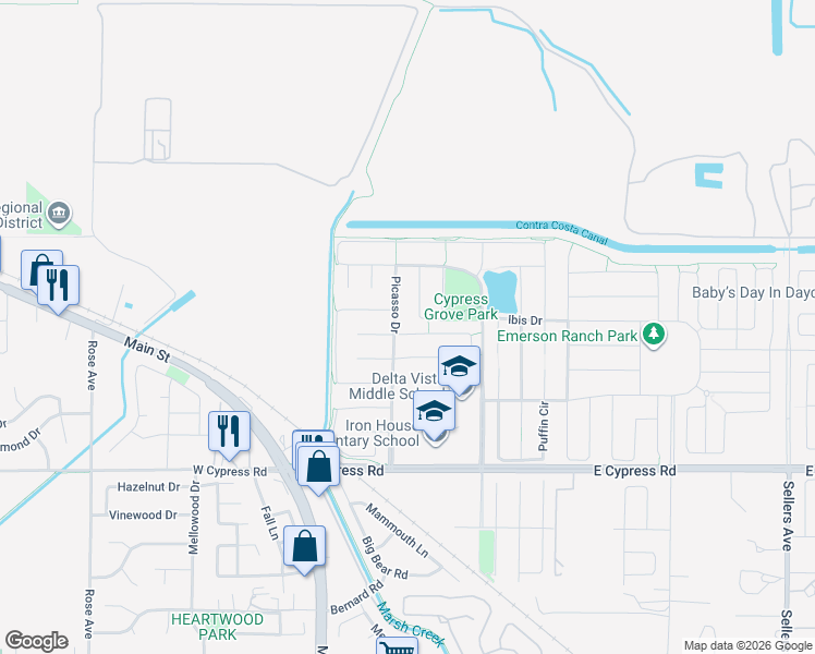 map of restaurants, bars, coffee shops, grocery stores, and more near 14 Prescott Circle in Oakley