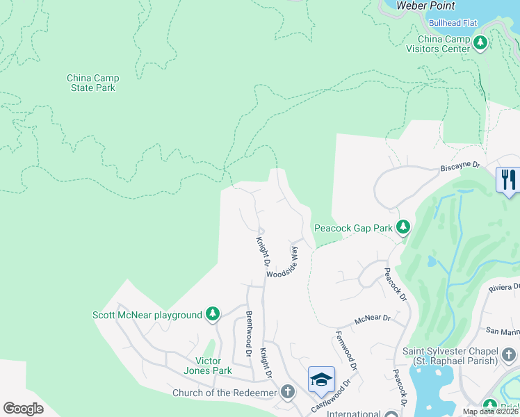 map of restaurants, bars, coffee shops, grocery stores, and more near 328 Knight Drive in San Rafael
