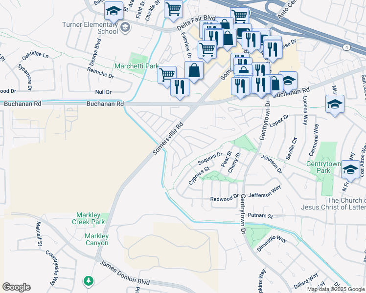 map of restaurants, bars, coffee shops, grocery stores, and more near 147 Paulette Way in Antioch