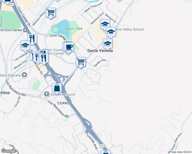 map of restaurants, bars, coffee shops, grocery stores, and more near 19 Woodstock Court in San Rafael