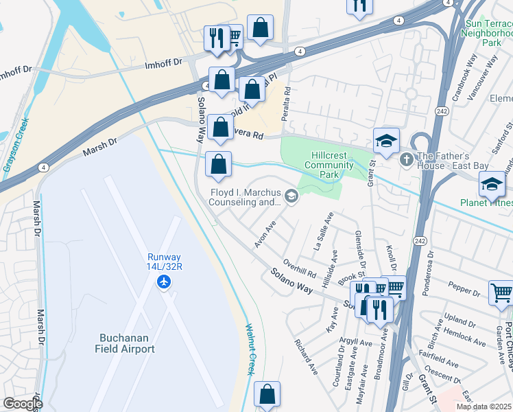 map of restaurants, bars, coffee shops, grocery stores, and more near 2848 Gillet Avenue in Concord