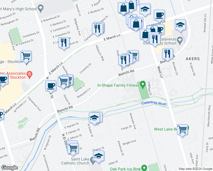 map of restaurants, bars, coffee shops, grocery stores, and more near 426 East Bianchi Road in Stockton