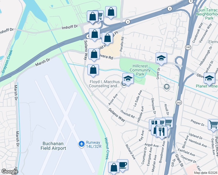 map of restaurants, bars, coffee shops, grocery stores, and more near 2848 Gillet Avenue in Concord