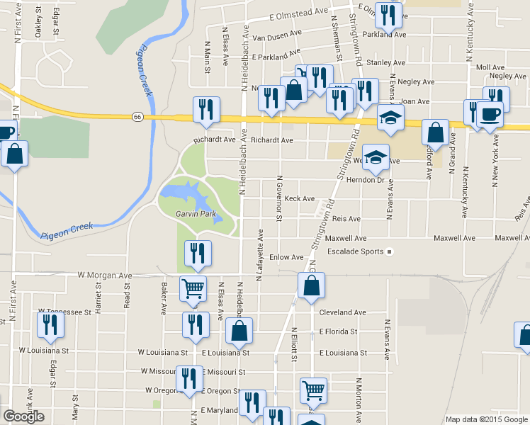 map of restaurants, bars, coffee shops, grocery stores, and more near 302 Reis Ave in Evansville