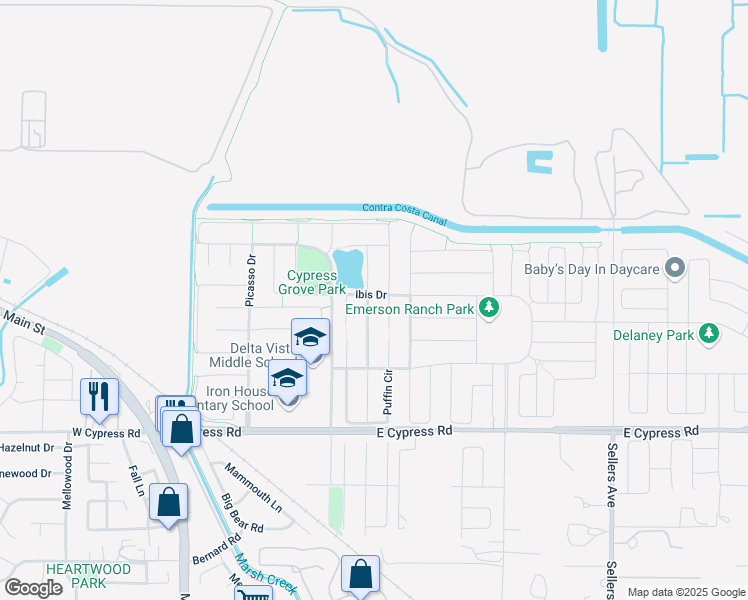 map of restaurants, bars, coffee shops, grocery stores, and more near 4874 Snowy Egret Way in Oakley