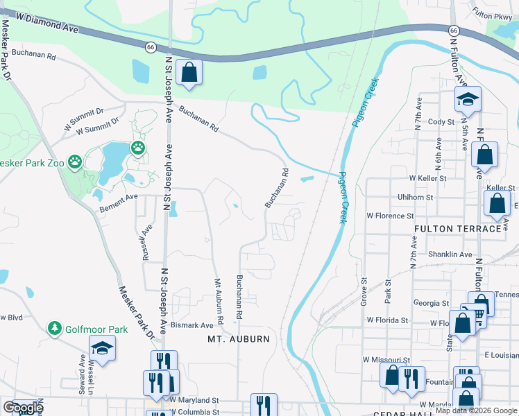 map of restaurants, bars, coffee shops, grocery stores, and more near 1821 Buchanan Road in Evansville
