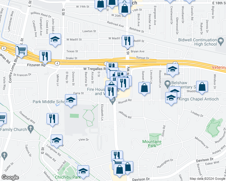 map of restaurants, bars, coffee shops, grocery stores, and more near 2810 Lone Tree Way in Antioch