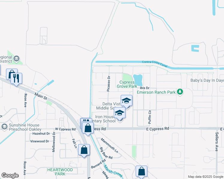 map of restaurants, bars, coffee shops, grocery stores, and more near 14 Prescott Circle in Oakley