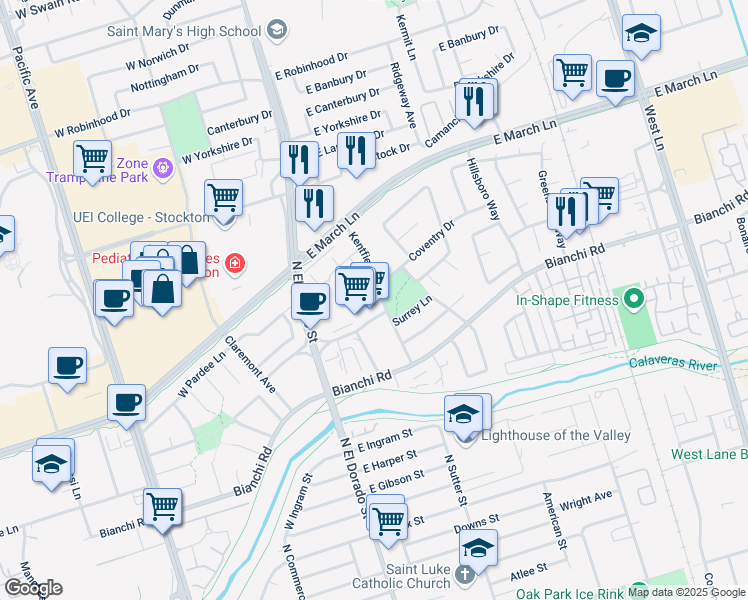 map of restaurants, bars, coffee shops, grocery stores, and more near 4701 Kentfield Road in Stockton