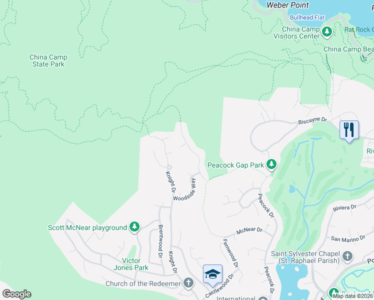 map of restaurants, bars, coffee shops, grocery stores, and more near 215 McNear Drive in San Rafael