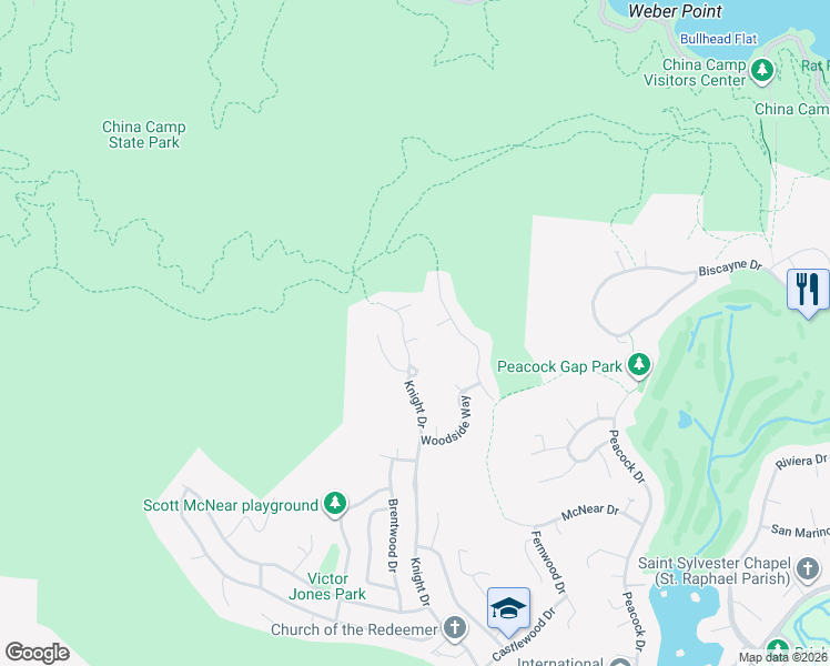 map of restaurants, bars, coffee shops, grocery stores, and more near 328 Knight Drive in San Rafael