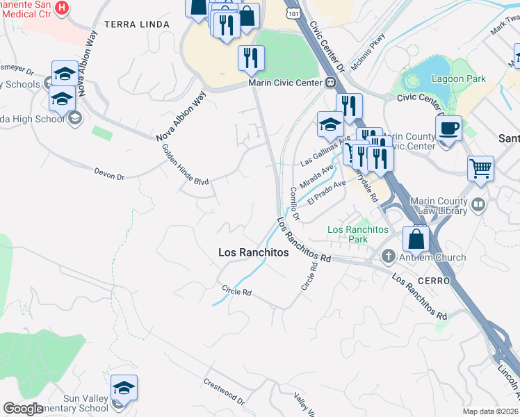map of restaurants, bars, coffee shops, grocery stores, and more near 30 Knoll Way in San Rafael