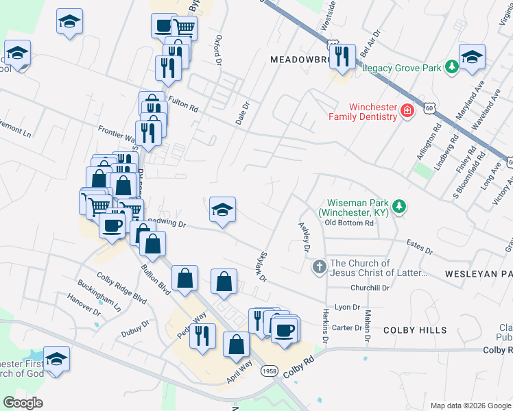 map of restaurants, bars, coffee shops, grocery stores, and more near 106 Powe Drive in Winchester