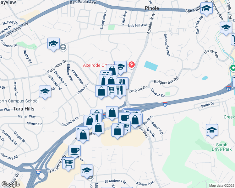 map of restaurants, bars, coffee shops, grocery stores, and more near 1565 Tara Hills Drive in Pinole