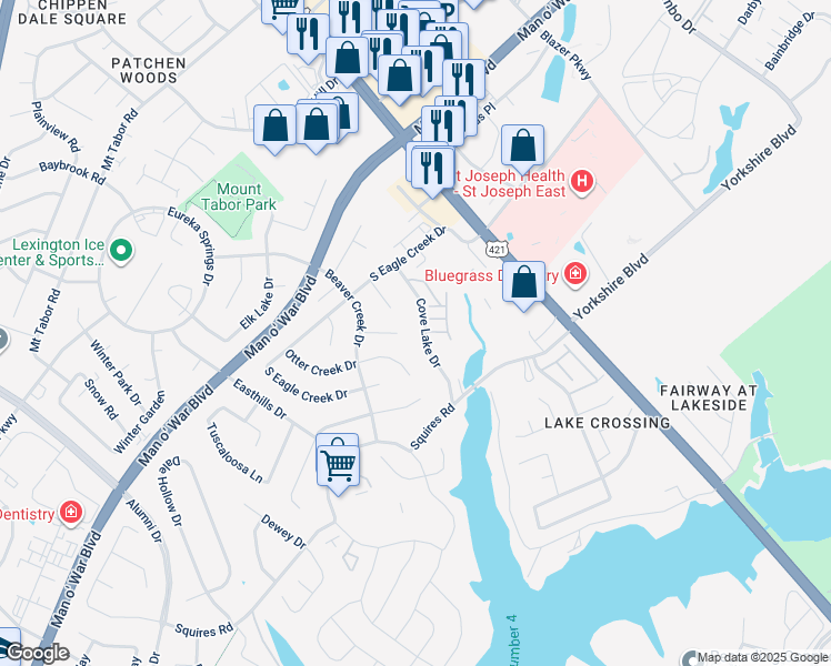 map of restaurants, bars, coffee shops, grocery stores, and more near 3344 Cove Lake Drive in Lexington