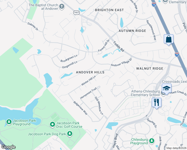map of restaurants, bars, coffee shops, grocery stores, and more near 653 Winter Hill Lane in Lexington