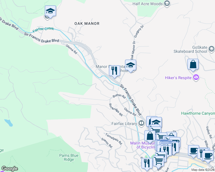 map of restaurants, bars, coffee shops, grocery stores, and more near 238 Olema Road in Fairfax