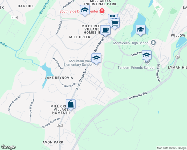 map of restaurants, bars, coffee shops, grocery stores, and more near 2074 Avinity Loop in Charlottesville