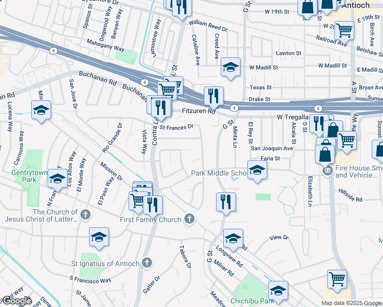 map of restaurants, bars, coffee shops, grocery stores, and more near 909 Rotherham Drive in Antioch