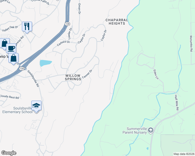 map of restaurants, bars, coffee shops, grocery stores, and more near 20574 Charlotte Court in Soulsbyville