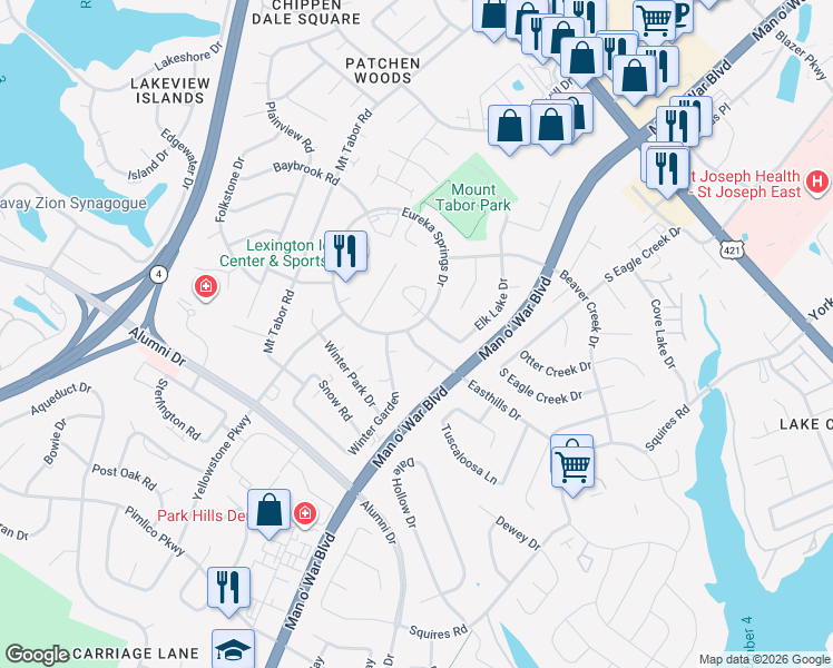 map of restaurants, bars, coffee shops, grocery stores, and more near 2803 Easthills Drive in Lexington