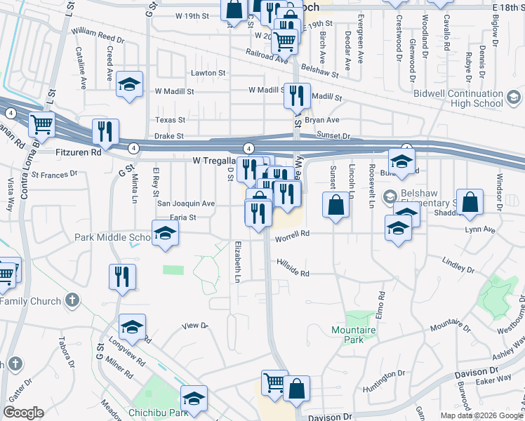 map of restaurants, bars, coffee shops, grocery stores, and more near 2800 Lone Tree Way in Antioch