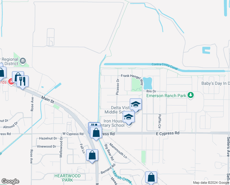 map of restaurants, bars, coffee shops, grocery stores, and more near 129 Picasso Drive in Oakley