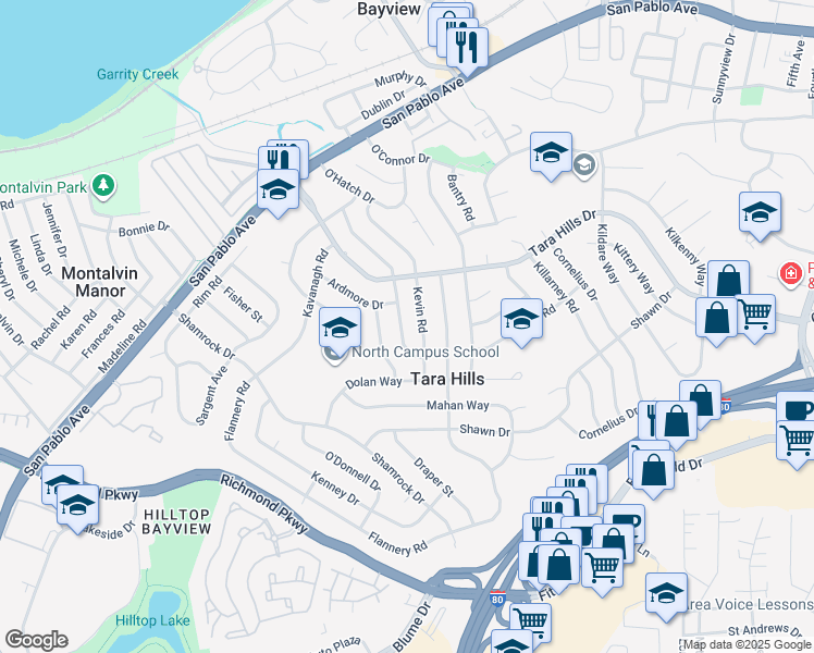 map of restaurants, bars, coffee shops, grocery stores, and more near 2712 Oharte Road in San Pablo