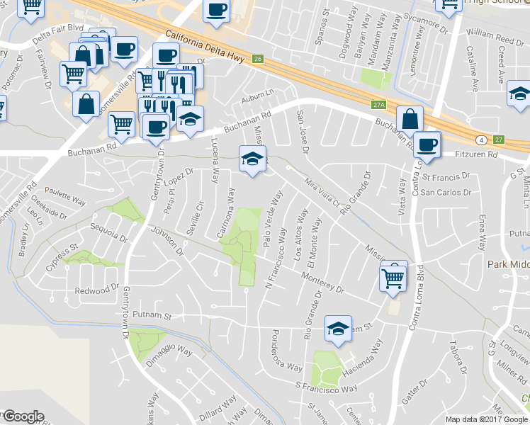 map of restaurants, bars, coffee shops, grocery stores, and more near 2940 Palo Verde Way in Antioch