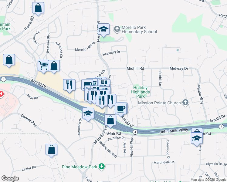 map of restaurants, bars, coffee shops, grocery stores, and more near 20 Ashford Place in Martinez