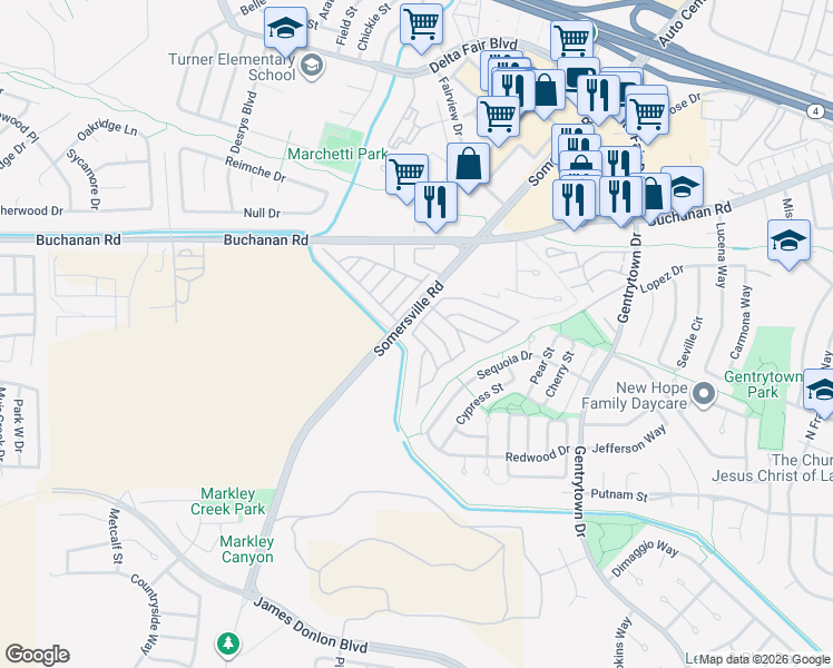map of restaurants, bars, coffee shops, grocery stores, and more near 44 Mark Lane in Antioch