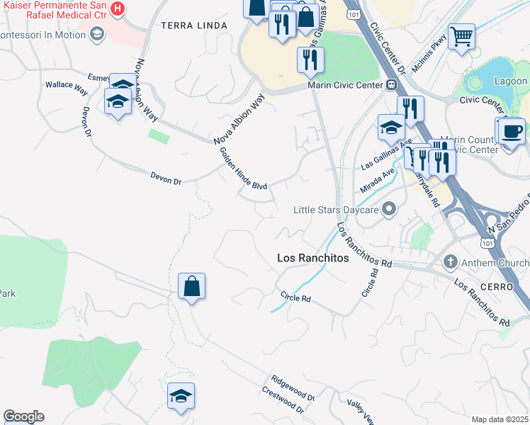 map of restaurants, bars, coffee shops, grocery stores, and more near 15 Ayala Court in San Rafael