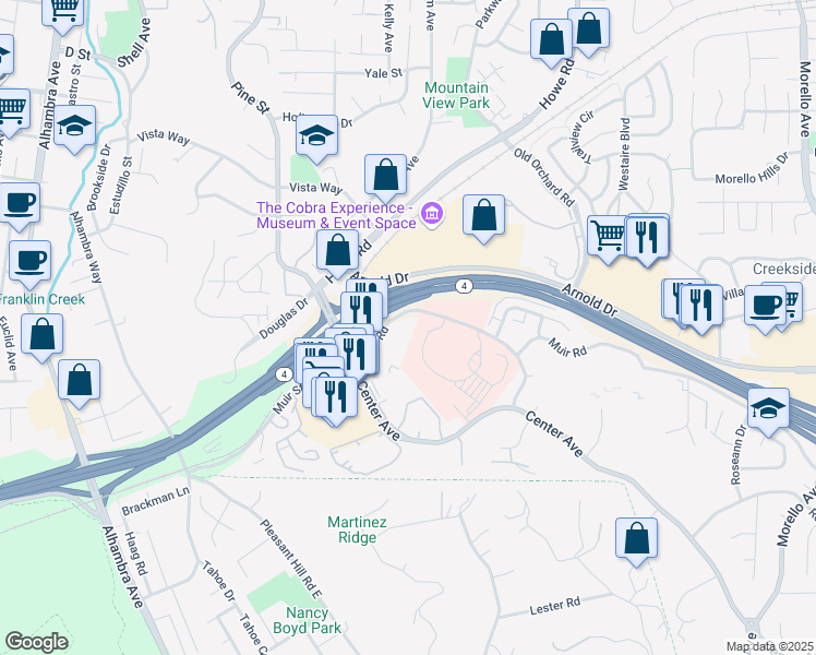 map of restaurants, bars, coffee shops, grocery stores, and more near 40 Muir Road in Martinez