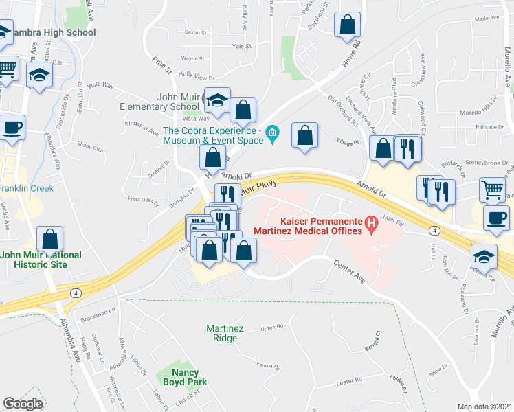 map of restaurants, bars, coffee shops, grocery stores, and more near 40 Muir Road in Martinez