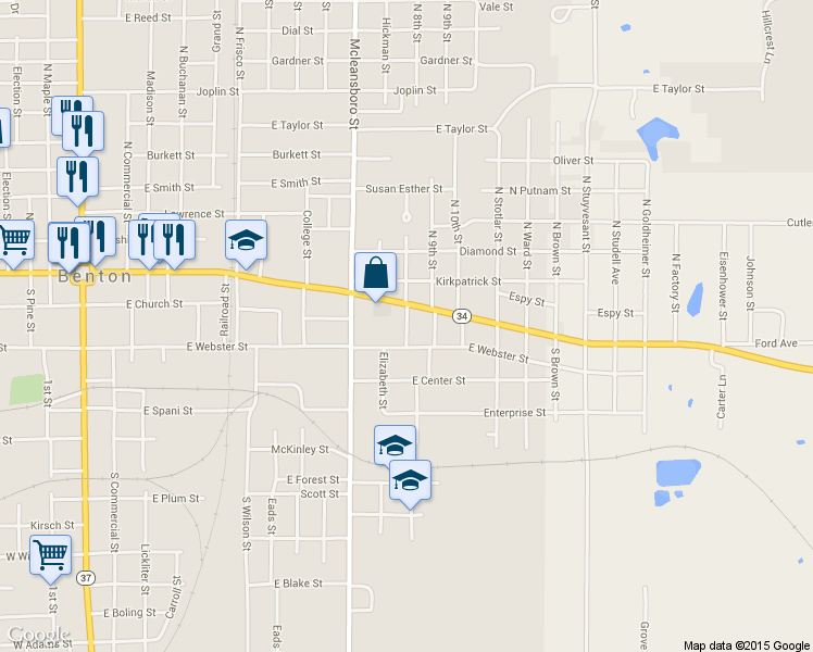 map of restaurants, bars, coffee shops, grocery stores, and more near 109 South 8th Street in Benton