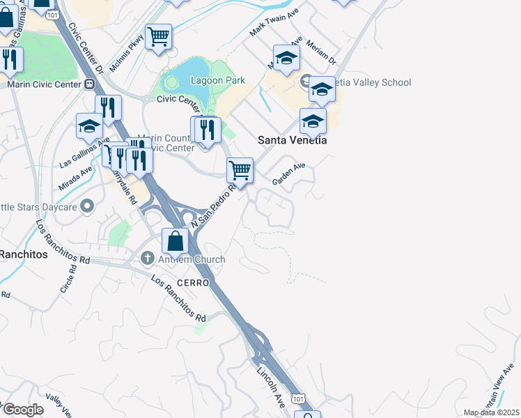 map of restaurants, bars, coffee shops, grocery stores, and more near 92 Village Circle in San Rafael