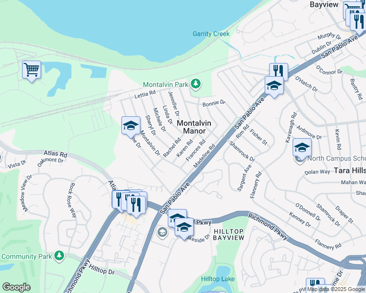 map of restaurants, bars, coffee shops, grocery stores, and more near 1301 Karen Road in San Pablo