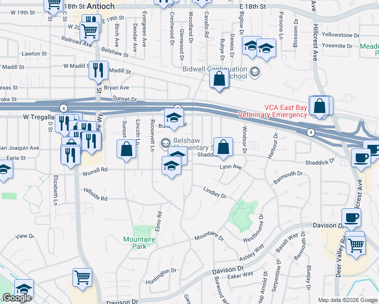 map of restaurants, bars, coffee shops, grocery stores, and more near 2832 Garrow Drive in Antioch