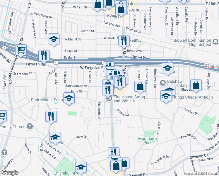 map of restaurants, bars, coffee shops, grocery stores, and more near 2800 Lone Tree Way in Antioch