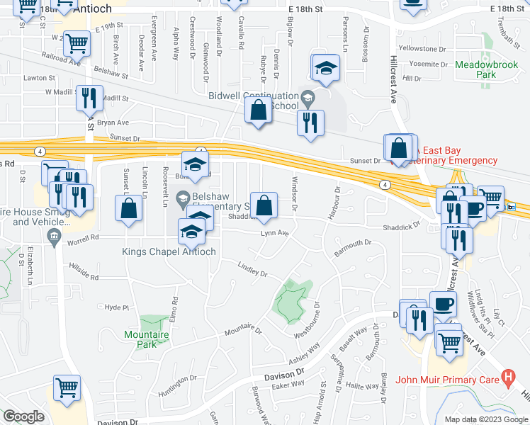 map of restaurants, bars, coffee shops, grocery stores, and more near 2833 Patricia Avenue in Antioch
