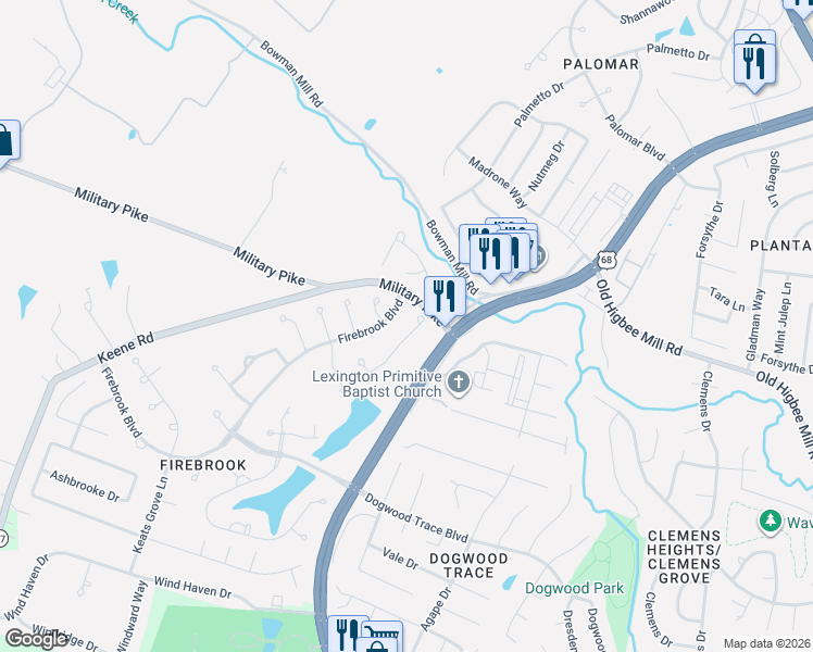 map of restaurants, bars, coffee shops, grocery stores, and more near 4696 Firebrook Boulevard in Lexington
