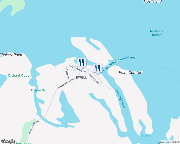 map of restaurants, bars, coffee shops, grocery stores, and more near 20895 Caleb Jones Road in Smith Island