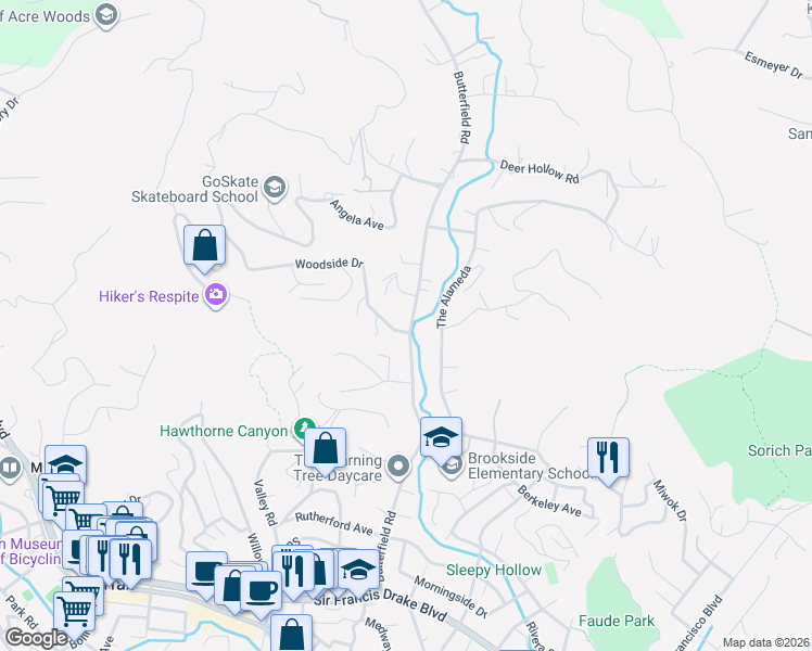 map of restaurants, bars, coffee shops, grocery stores, and more near 251 Butterfield Road in San Anselmo