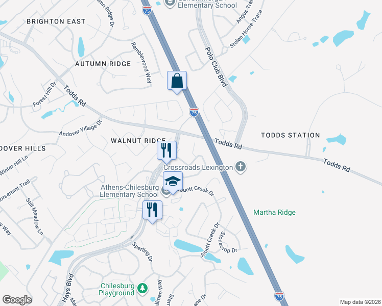 map of restaurants, bars, coffee shops, grocery stores, and more near 1005 Bryce Point in Lexington