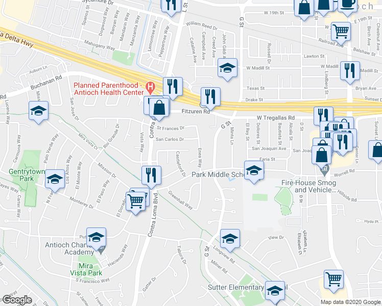 map of restaurants, bars, coffee shops, grocery stores, and more near 905 Rotherham Drive in Antioch