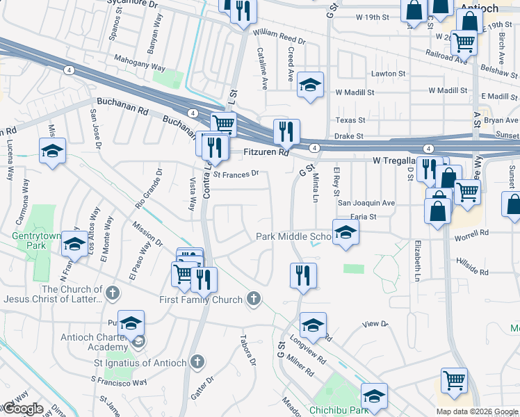 map of restaurants, bars, coffee shops, grocery stores, and more near 905 Rotherham Drive in Antioch